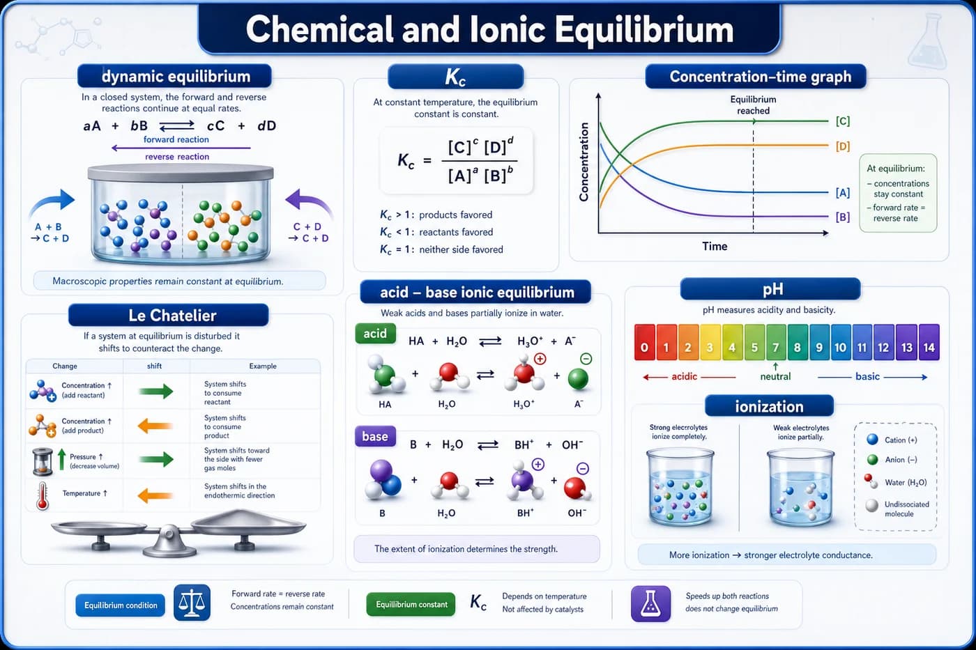 3D visual of chemical and ionic equilibrium showing reversible reactions, dynamic equilibrium, Kc, Le Chatelier shifts, pH, ionization, acids, and bases