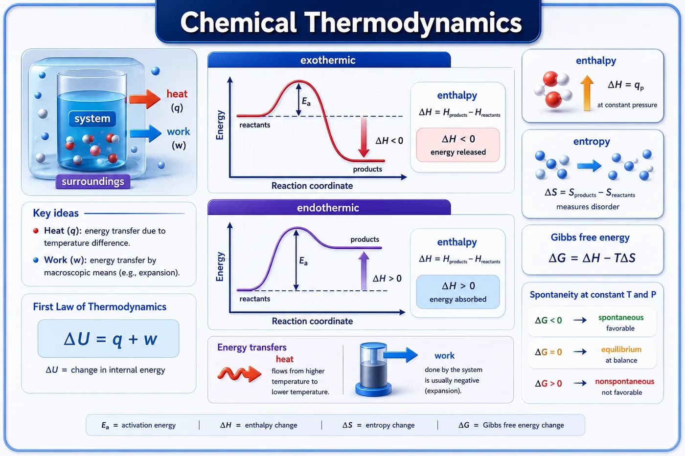 3D visual of chemical thermodynamics showing system, surroundings, heat, work, enthalpy, entropy, Gibbs free energy, and exothermic and endothermic energy profiles