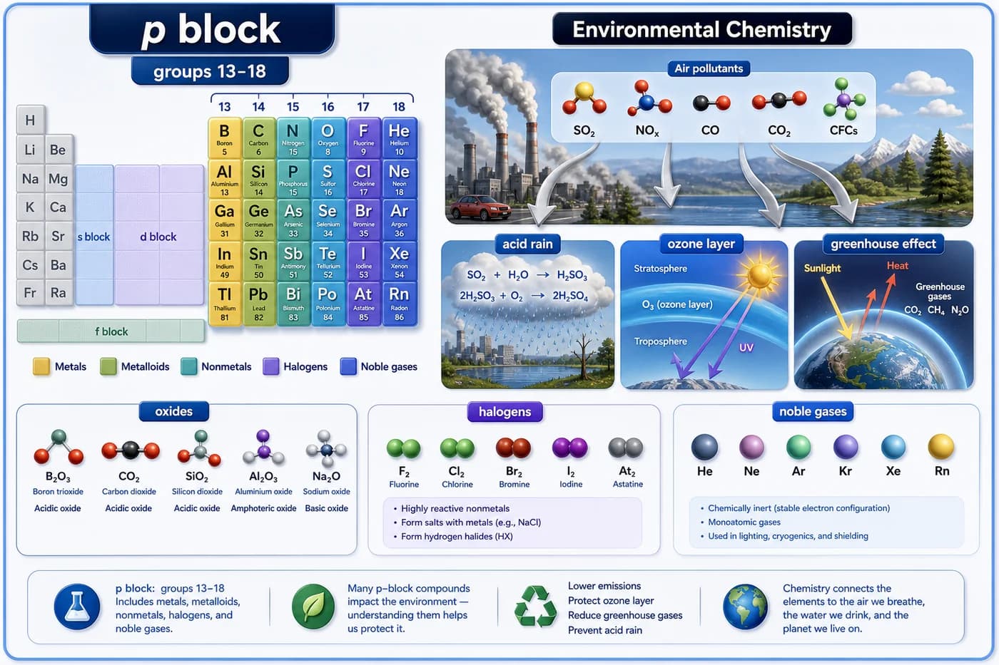 3D visual of p-block elements and environmental chemistry showing groups 13 to 18, halogens, noble gases, oxides, acid rain, ozone layer, and greenhouse effect