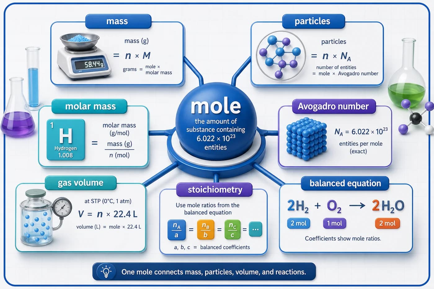 3D visual of mole concept and stoichiometry linking mass, particles, molar mass, Avogadro number, gas volume, and balanced equations