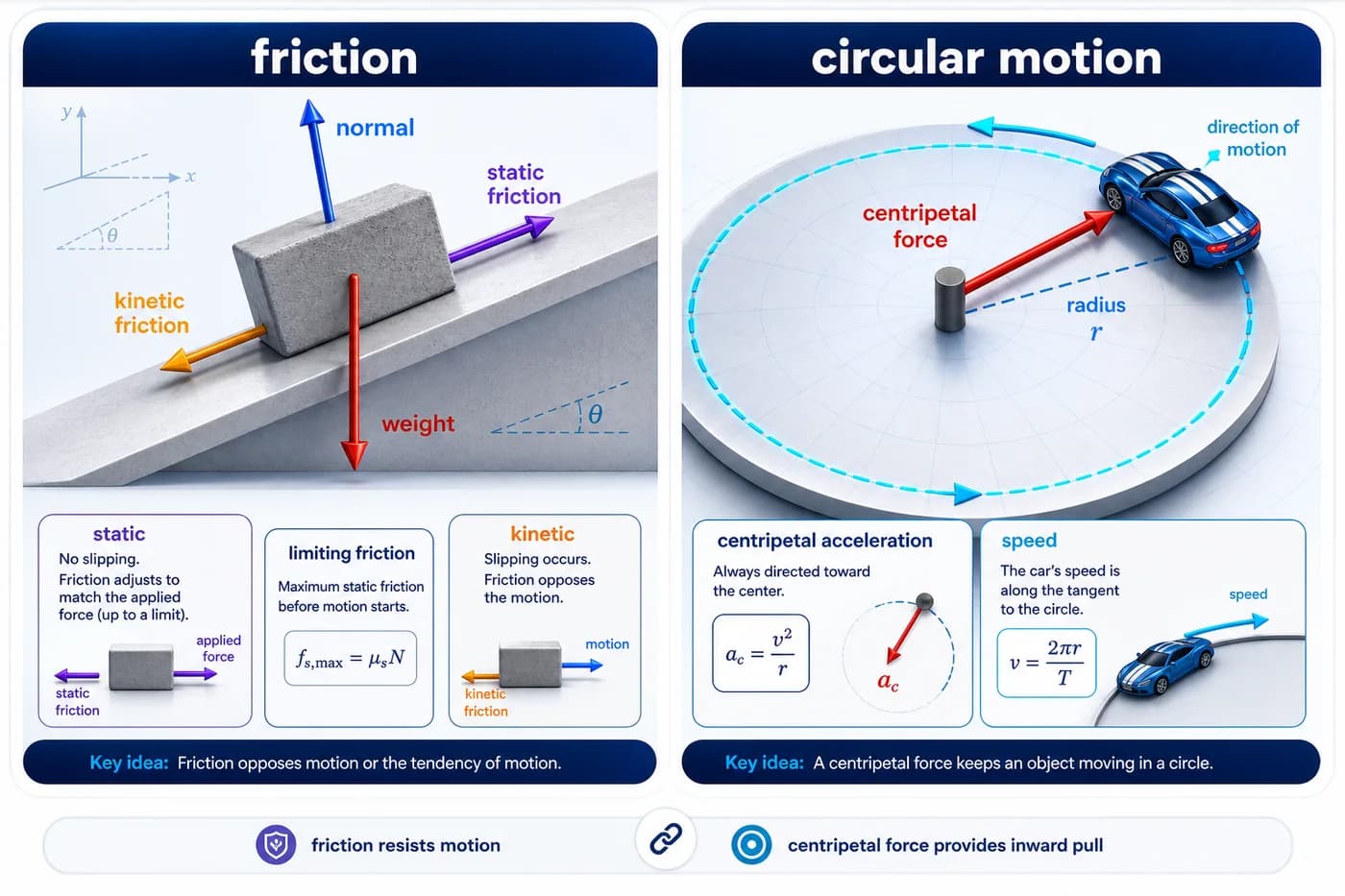 3D visual linking friction on a rough surface with circular motion, showing normal force, weight, static and kinetic friction, centripetal force, radius, and speed