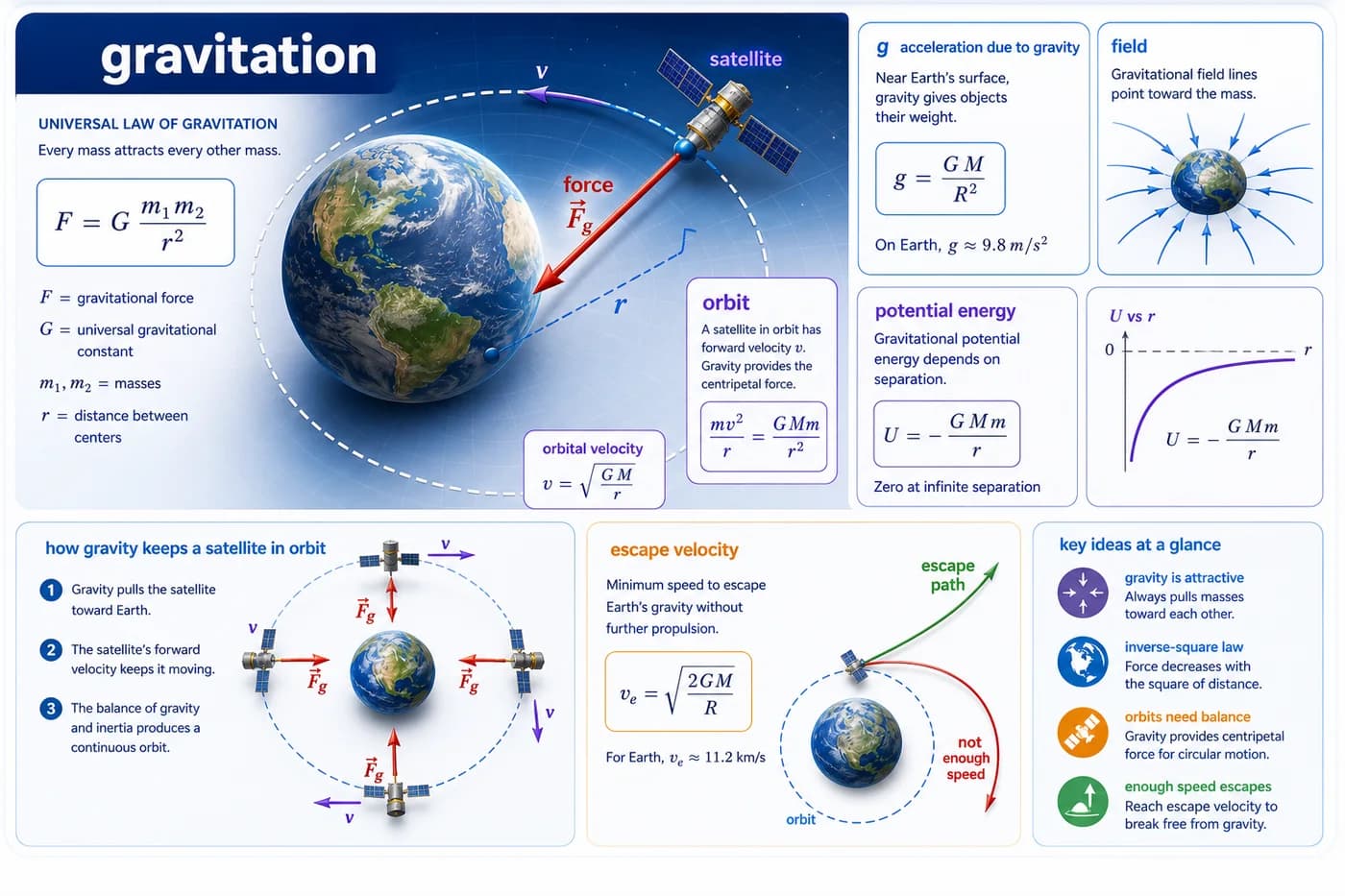 3D visual of gravitation showing Earth, satellite orbit, gravitational force arrows, field lines, acceleration due to gravity, potential energy, and escape velocity