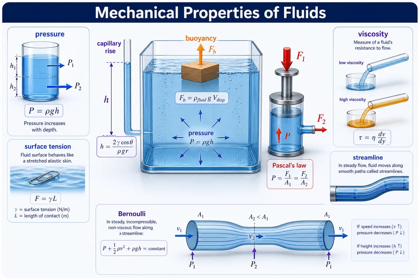 3D visual of mechanical properties of fluids showing pressure, buoyancy, viscosity, surface tension, capillary rise, Bernoulli effect, Pascals law, and streamline flow
