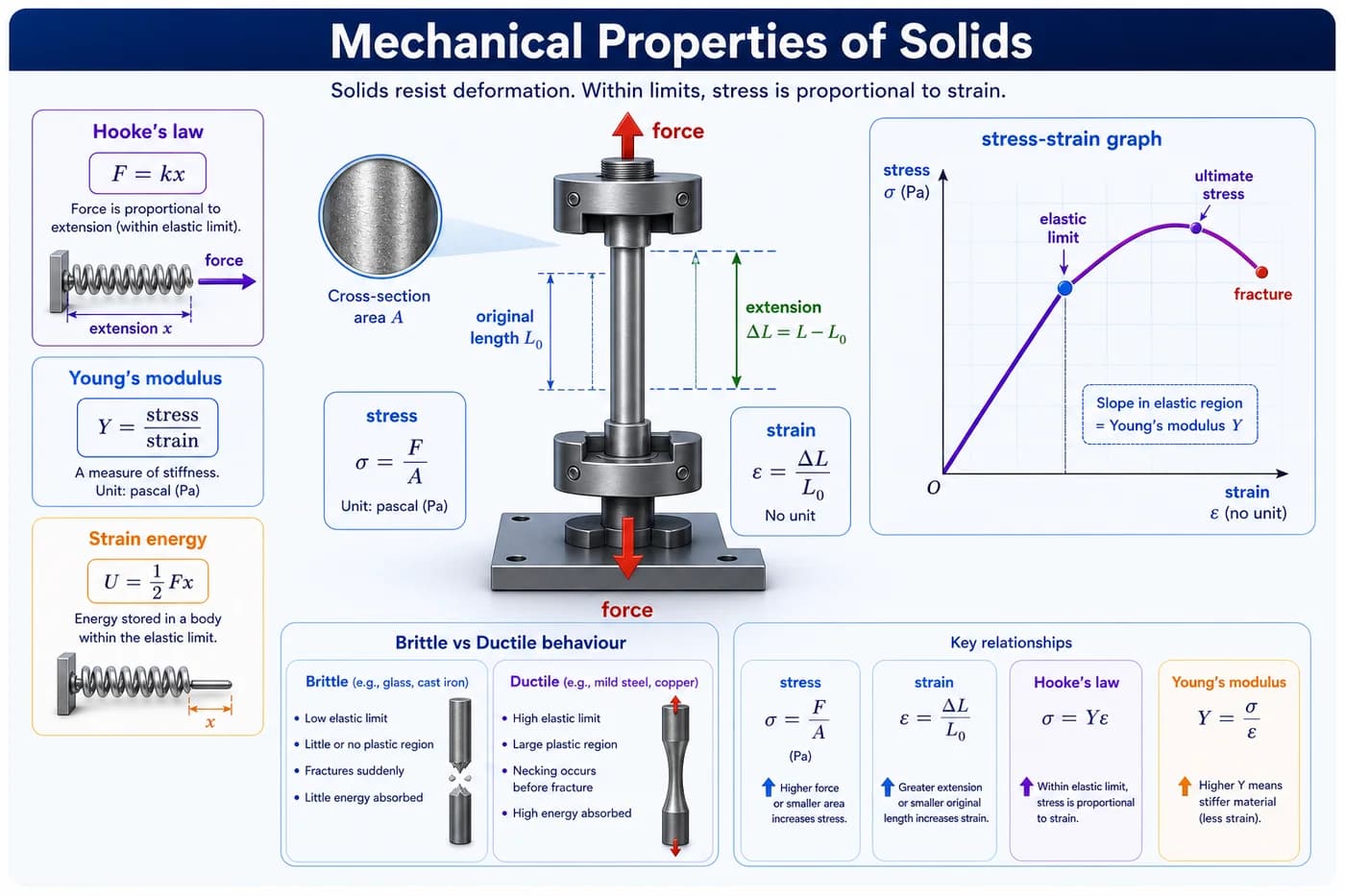 3D visual of mechanical properties of solids showing tensile force, extension, stress, strain, elastic limit, Youngs modulus, Hookes law, and stress-strain graph