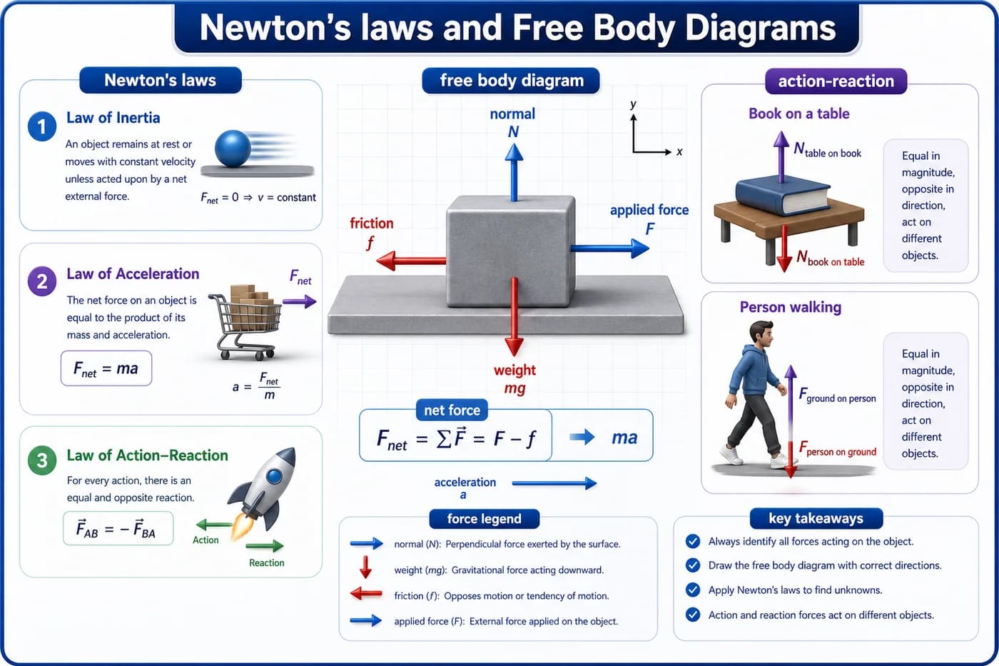 3D visual of Newtons laws and free body diagrams showing normal force, weight, friction, applied force, net force, acceleration, and action-reaction pairs