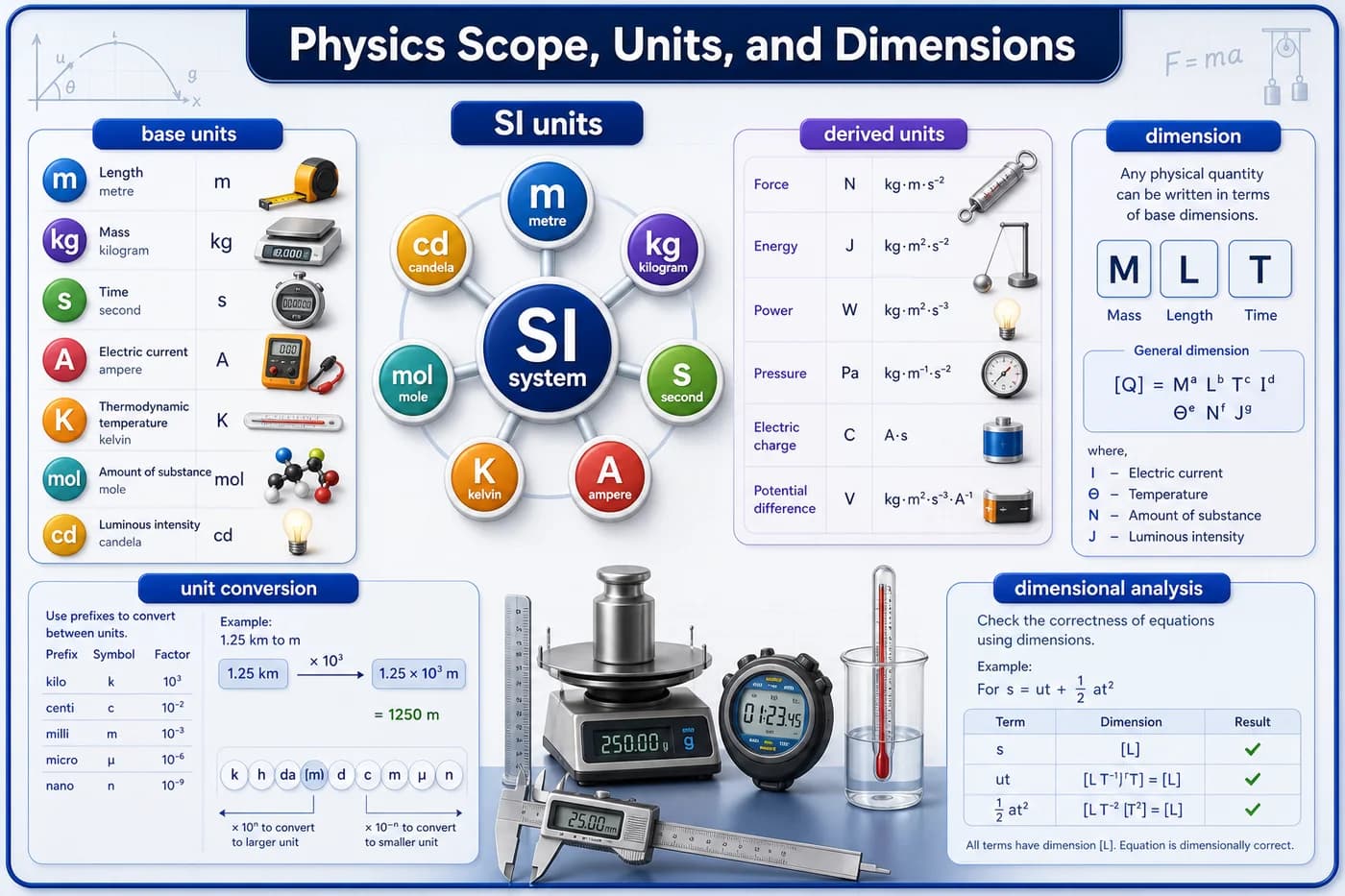 3D visual of SI units, base units, derived units, dimensional formula, unit conversion, and dimensional analysis