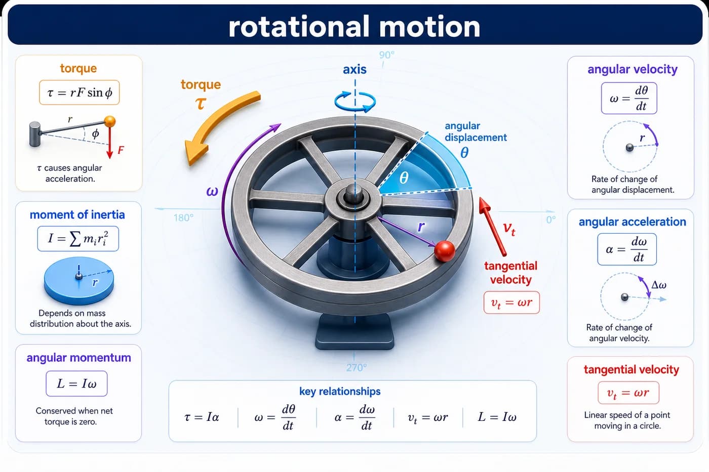 3D visual of rotational motion showing a rotating disc, fixed axis, torque, moment of inertia, angular velocity, angular acceleration, angular momentum, radius, and tangential velocity
