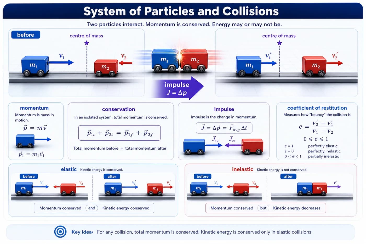 3D visual of a system of particles and collisions showing centre of mass, momentum, impulse, elastic and inelastic collisions, before-after states, and conservation of momentum