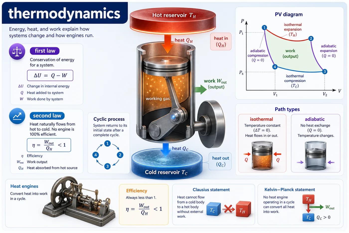 3D visual of thermodynamics showing a heat engine, hot and cold reservoirs, heat flow, work output, first law, second law, PV diagram, isothermal path, and adiabatic path