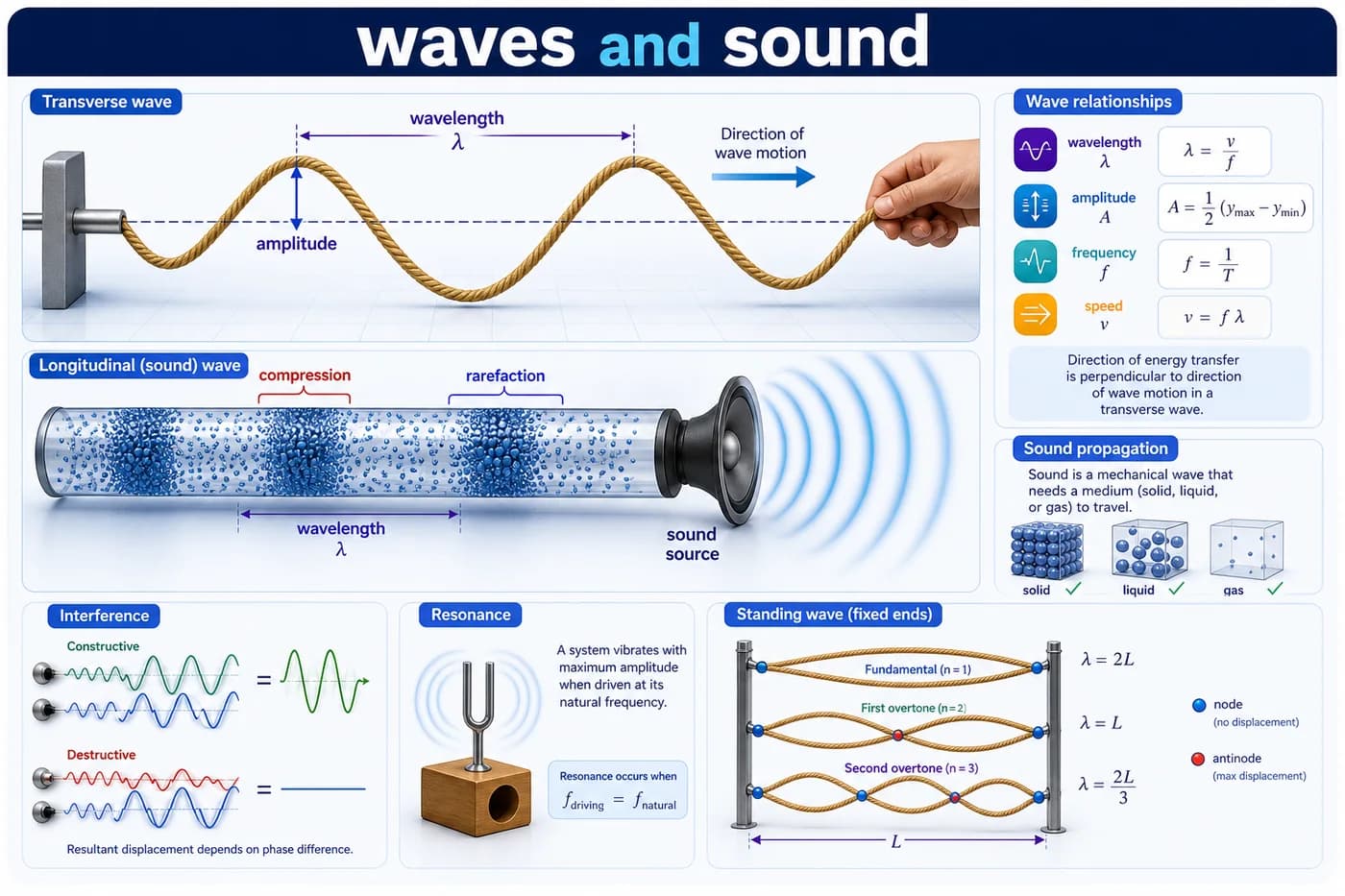 3D visual of waves and sound showing transverse and longitudinal waves, wavelength, amplitude, frequency, speed, compression, rarefaction, resonance, and sound propagation