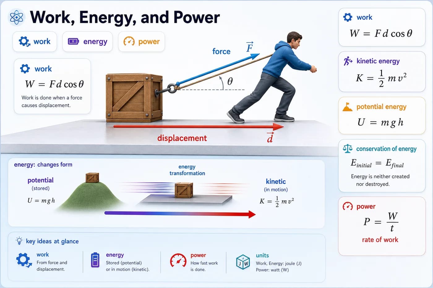 3D visual of work, energy, and power showing force, displacement, kinetic energy, potential energy, energy transfer, and power as rate of work