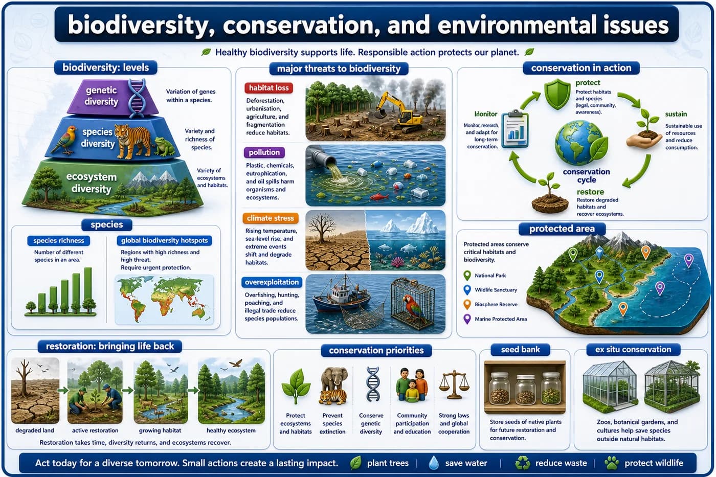 3D conservation biology visual showing biodiversity, species richness, habitat loss, pollution, climate stress, protected areas, and restoration actions