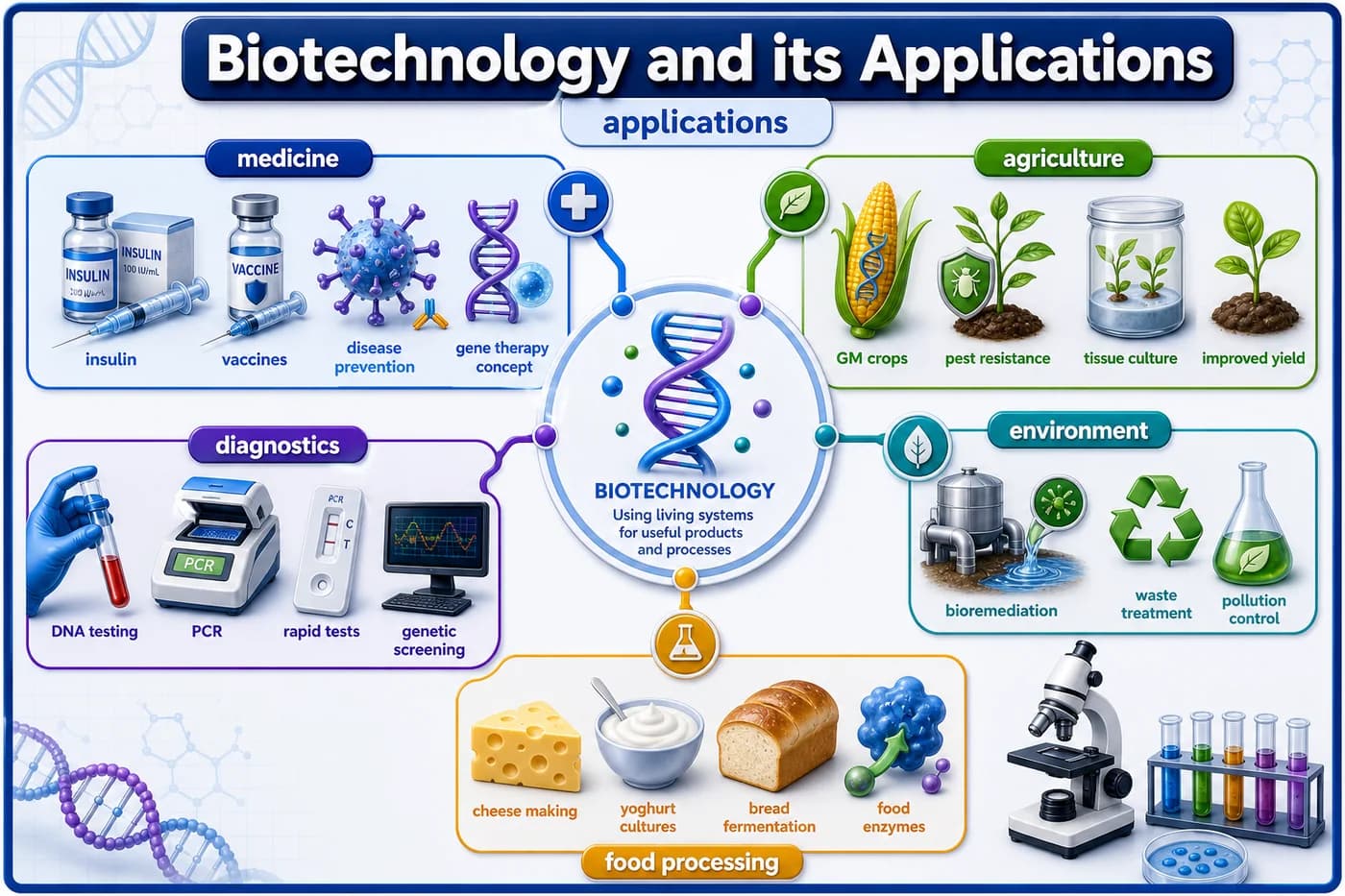 3D biotechnology applications visual showing medicine, insulin, vaccines, GM crops, tissue culture, bioremediation, and diagnostics