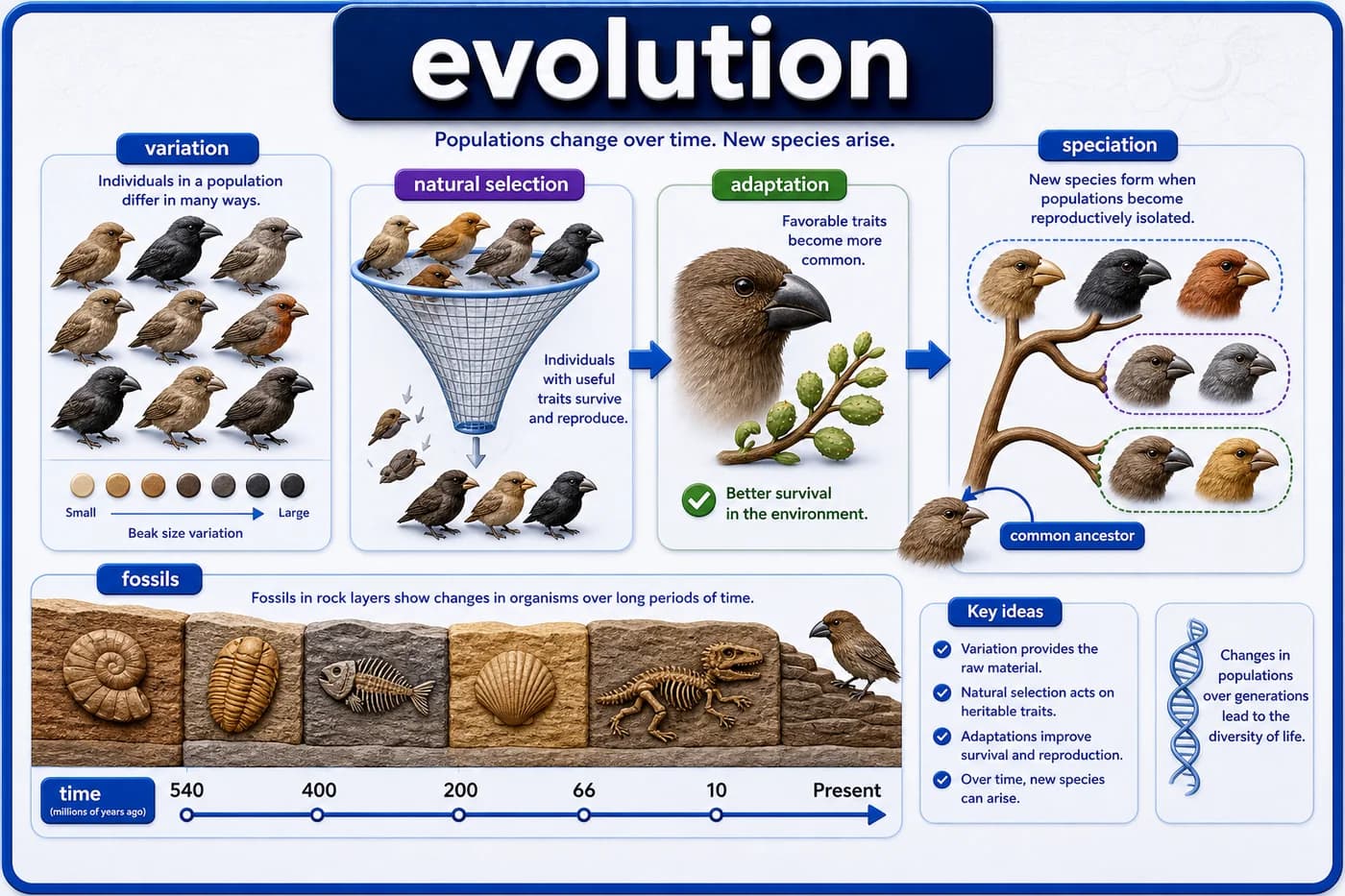 3D biology visual showing evolution, variation, natural selection, adaptation, fossils, speciation, common ancestor, and time scale