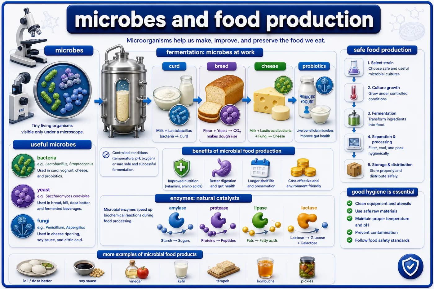 3D biology visual showing useful microbes, fermentation, curd, bread, cheese, probiotics, enzymes, and safe food production process