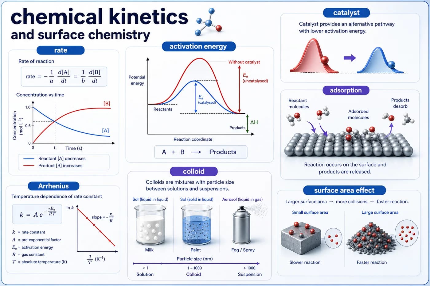 3D chemistry visual showing rate graph, activation energy, catalyst effect, adsorption, Arrhenius equation, and colloids