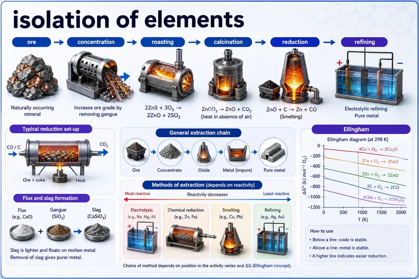 3D chemistry visual showing ore concentration, roasting, calcination, reduction, refining, electrolysis, and Ellingham diagram for isolation of elements
