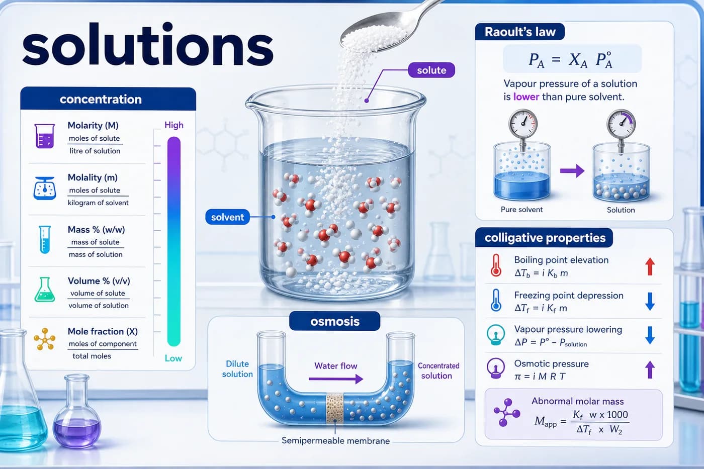 3D chemistry visual showing solute, solvent, concentration, Raoult law, osmosis, and colligative properties