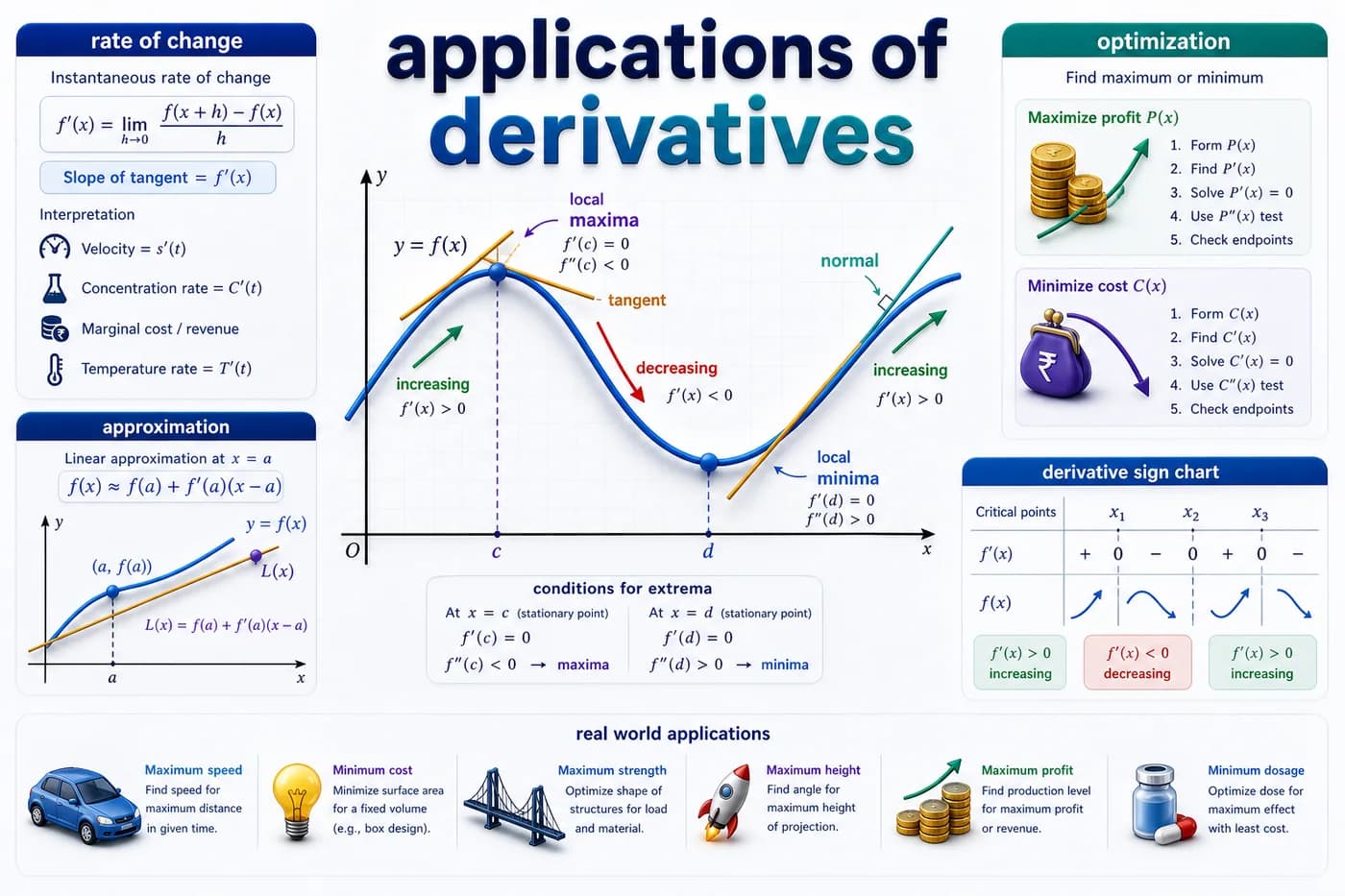 3D mathematics visual showing applications of derivatives, rate of change, tangents, normals, maxima, minima, increasing and decreasing functions