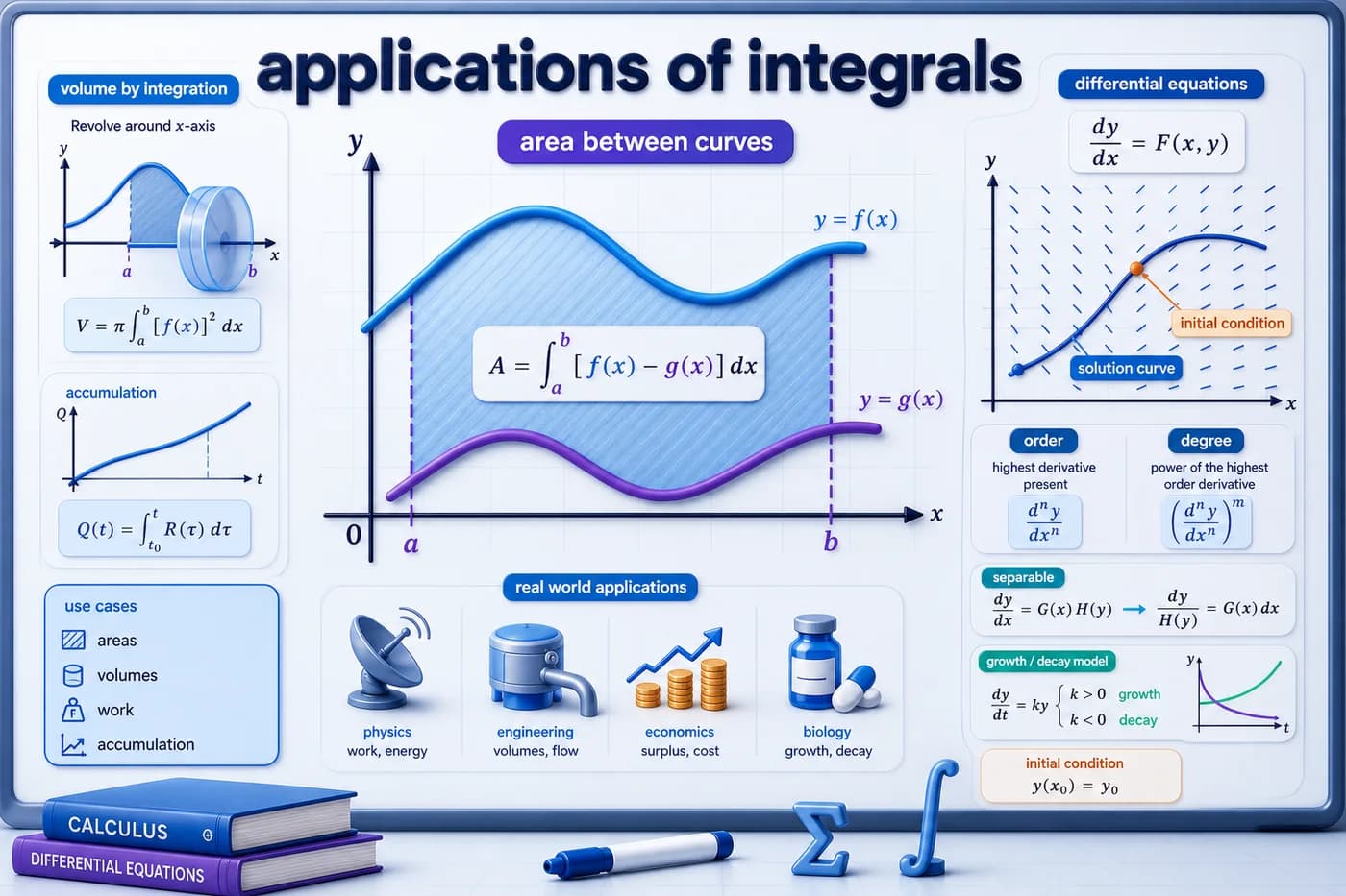 3D mathematics visual showing applications of integrals, area between curves, differential equations, order, degree, separable equations, solution curves, and initial conditions