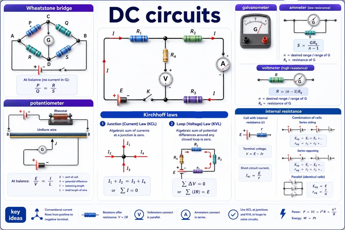 3D physics visual showing DC circuits, Kirchhoff laws, Wheatstone bridge, potentiometer, galvanometer, ammeter, voltmeter, and internal resistance