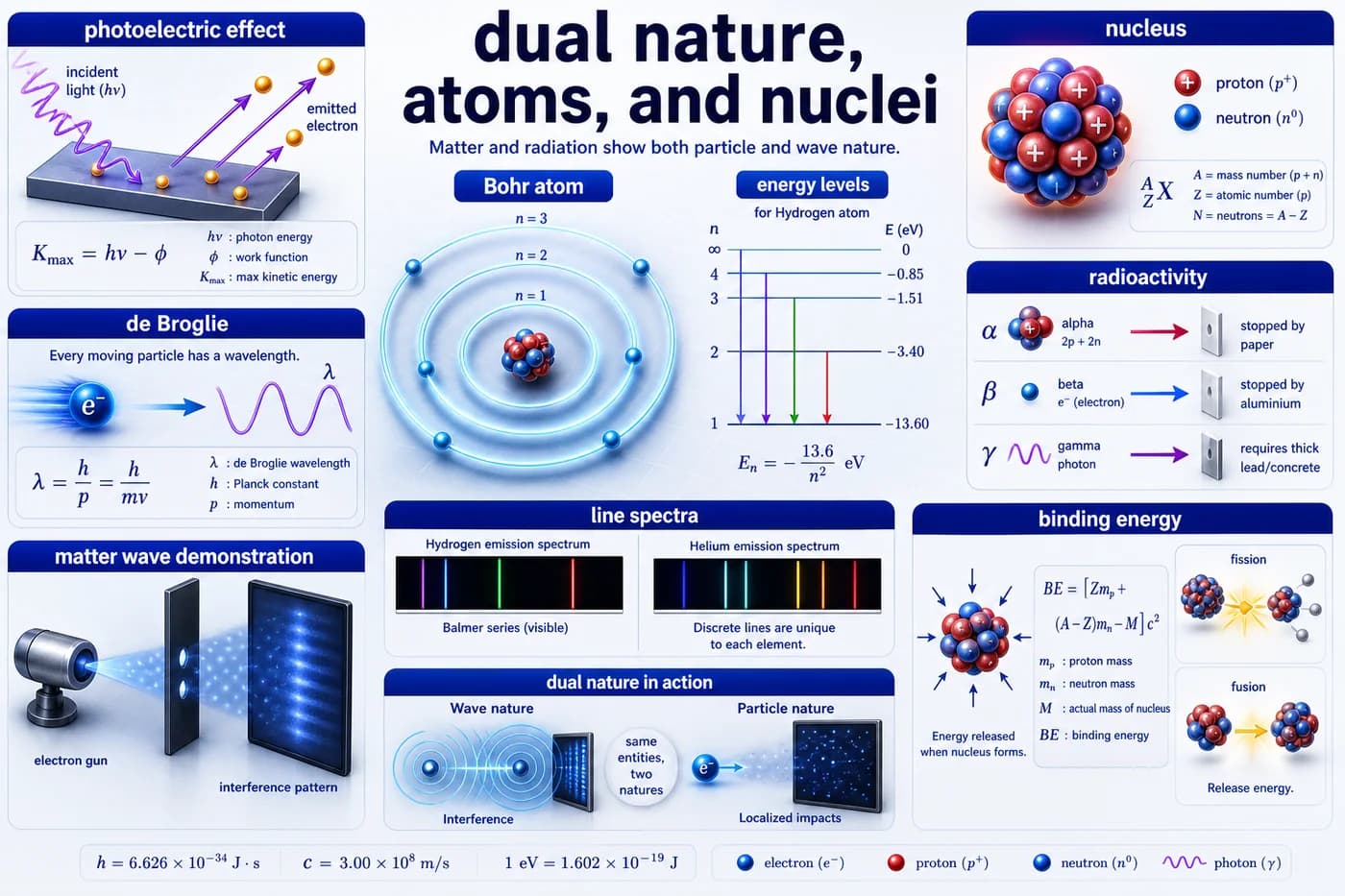 3D physics visual showing photoelectric effect, de Broglie wavelength, Bohr atom, energy levels, nucleus, radioactivity, and binding energy