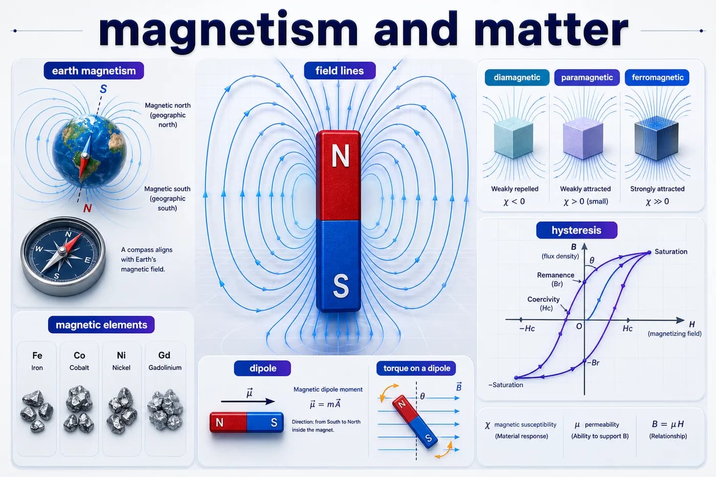 3D physics visual showing bar magnet field lines, magnetic dipole, earth magnetism, material response, and hysteresis loop