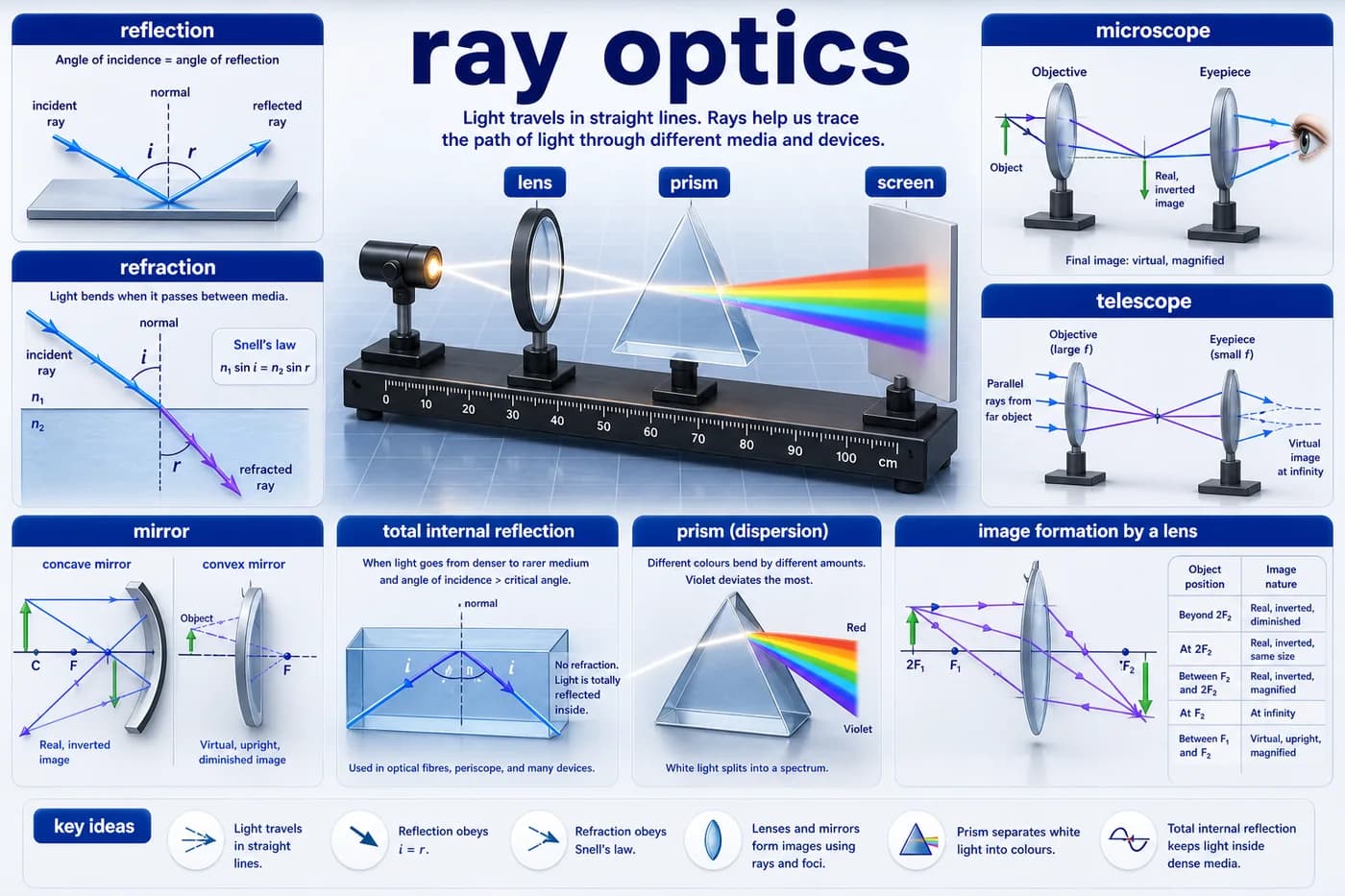 3D physics visual showing ray optics, reflection, refraction, lenses, mirrors, prism dispersion, total internal reflection, microscope, and telescope ray paths
