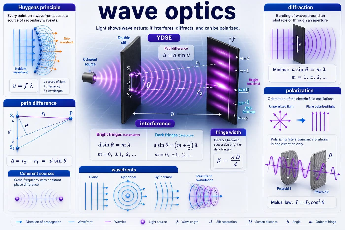 3D physics visual showing Huygens principle, interference, Young double slit experiment, fringe width, diffraction, polarization, and path difference