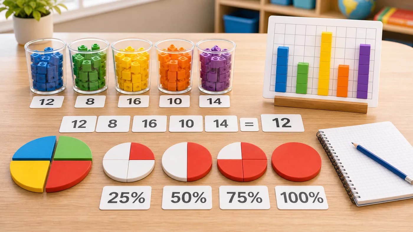Classroom math manipulatives showing block data, bar chart blocks, and percentage pieces.