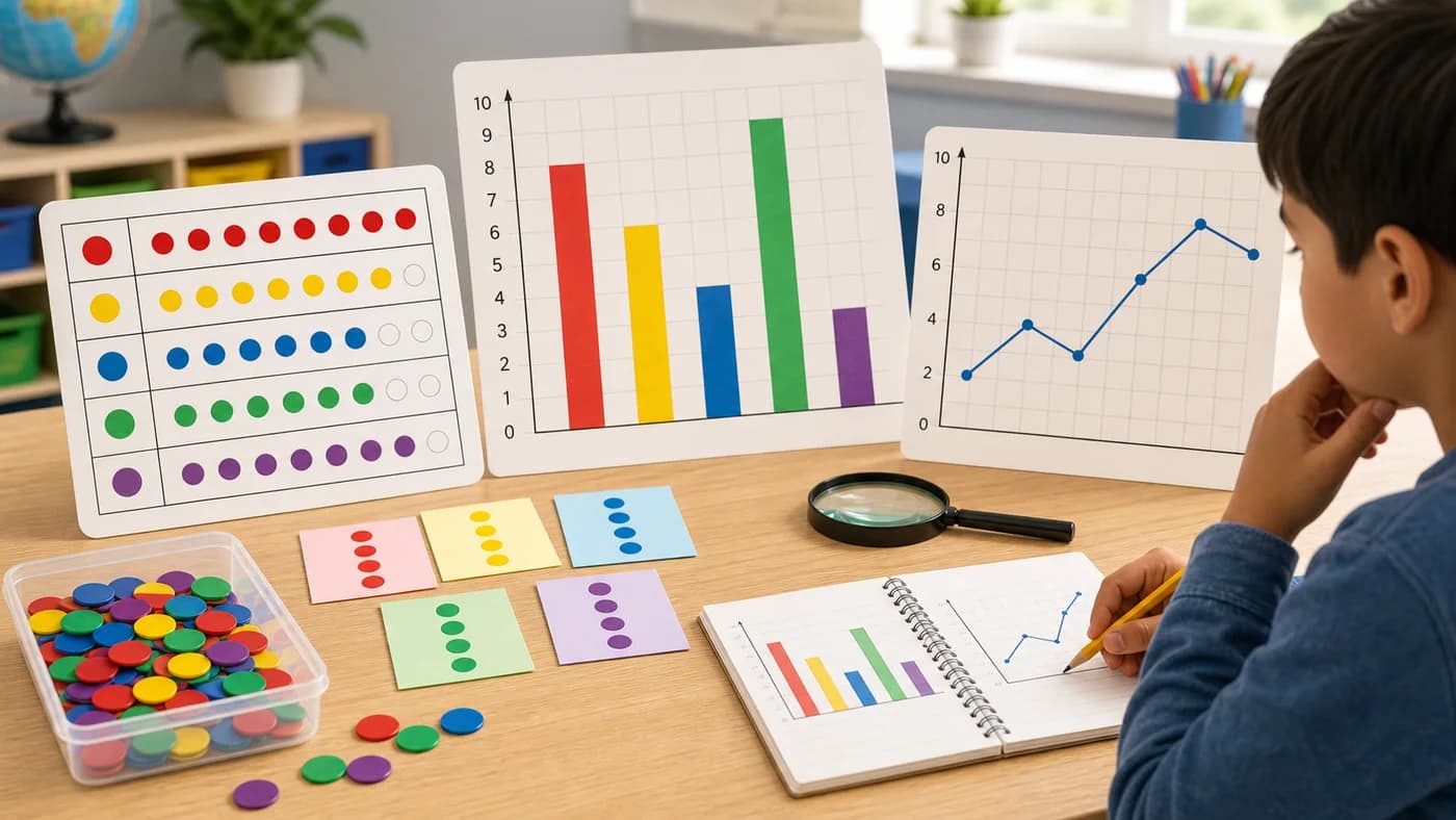 Student-friendly data investigation setup with charts, counters, graph displays, pencil, and magnifying glass.