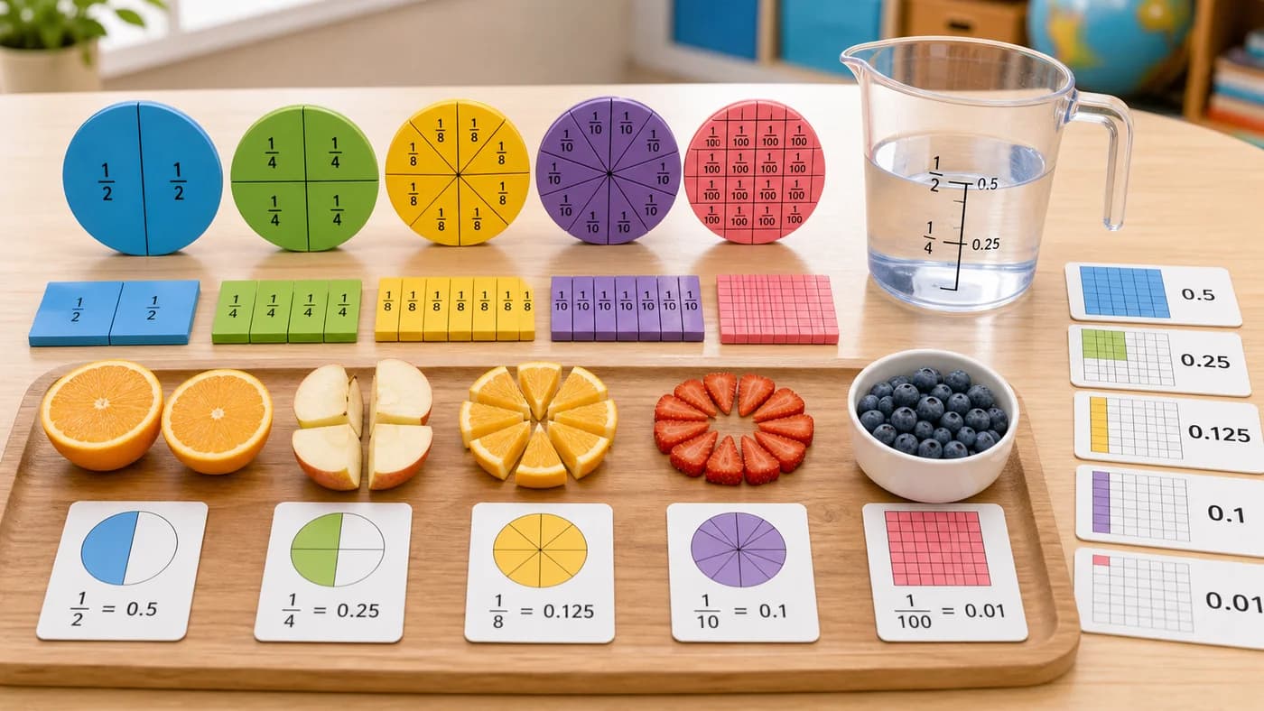 Fraction circles, fraction bars, decimal grids, measuring cup, and cut fruit pieces comparing fractions and decimals.