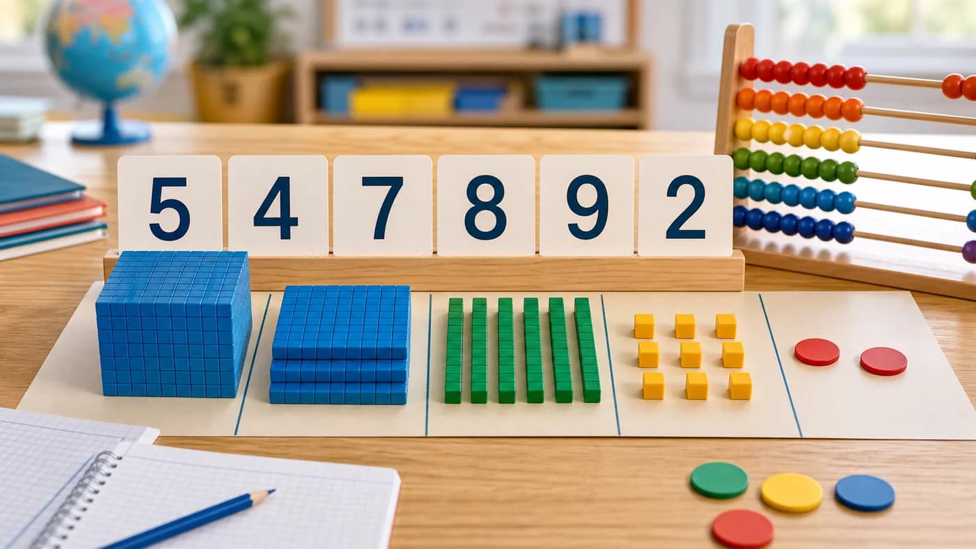 Classroom math table with base-ten blocks, abacus beads, counters, and number cards for place value.