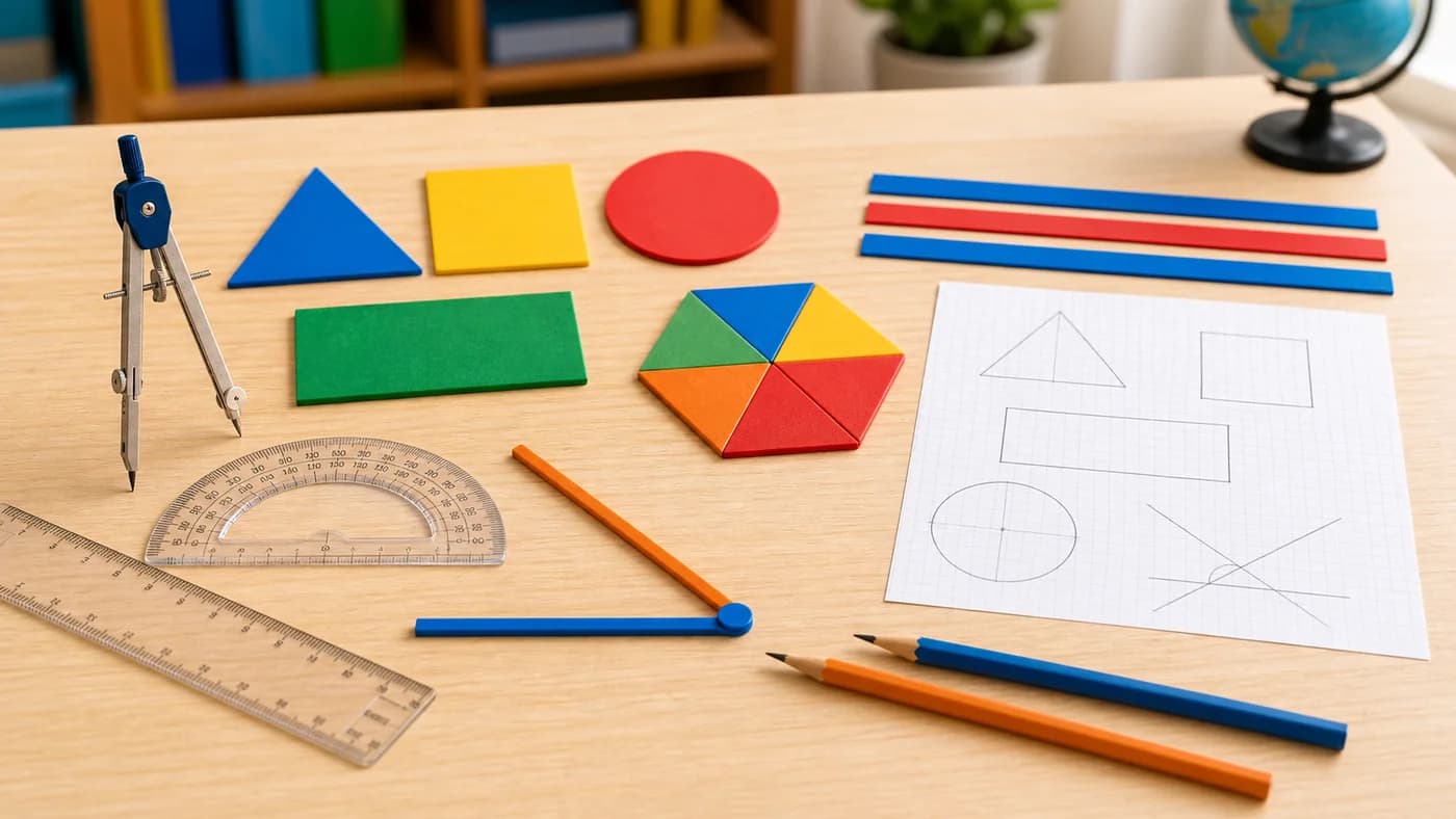 Classroom geometry table with ruler, protractor, compass, shape tiles, parallel strips, and an angle model.