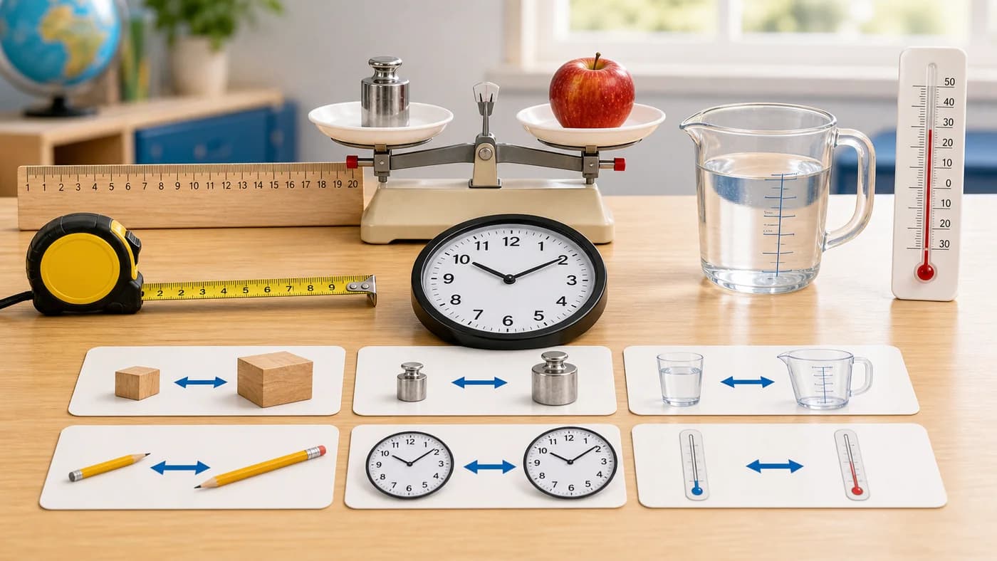 Classroom measurement tools including ruler, tape, balance, jug, thermometer, clock, and conversion arrows.