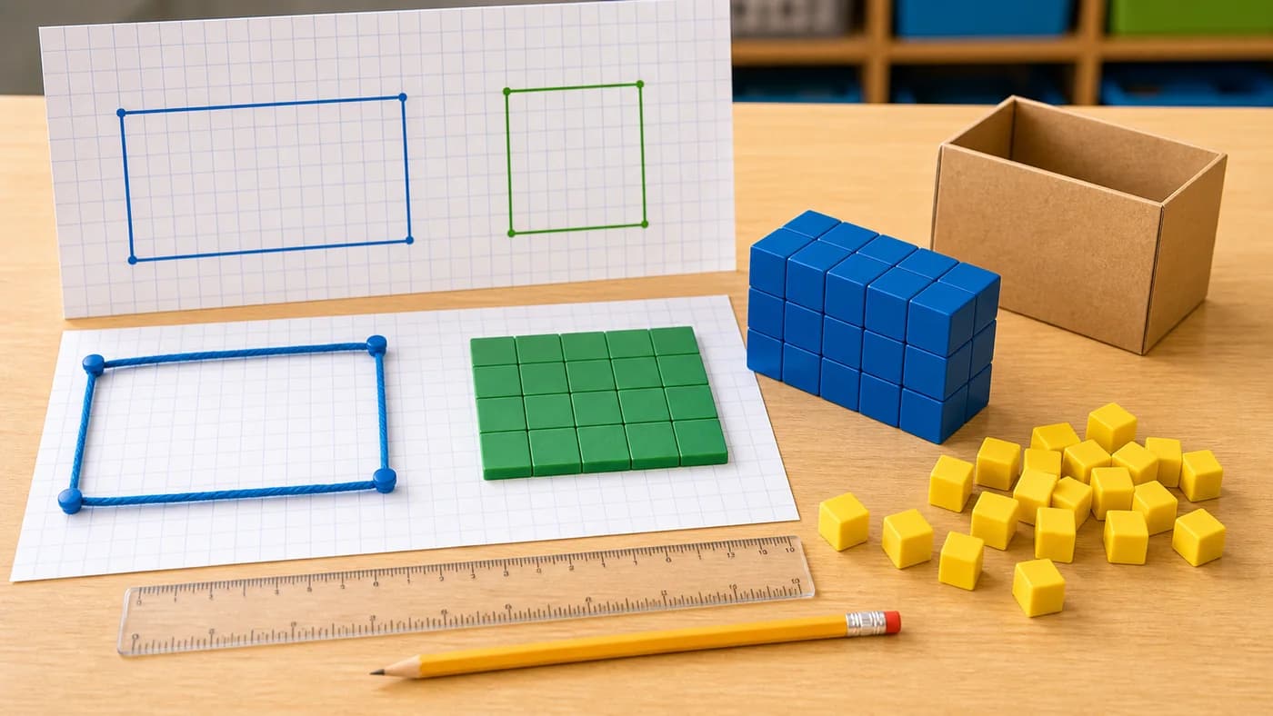 Grid paper, string boundary, square tiles, ruler, and unit cubes showing perimeter, area, and volume.