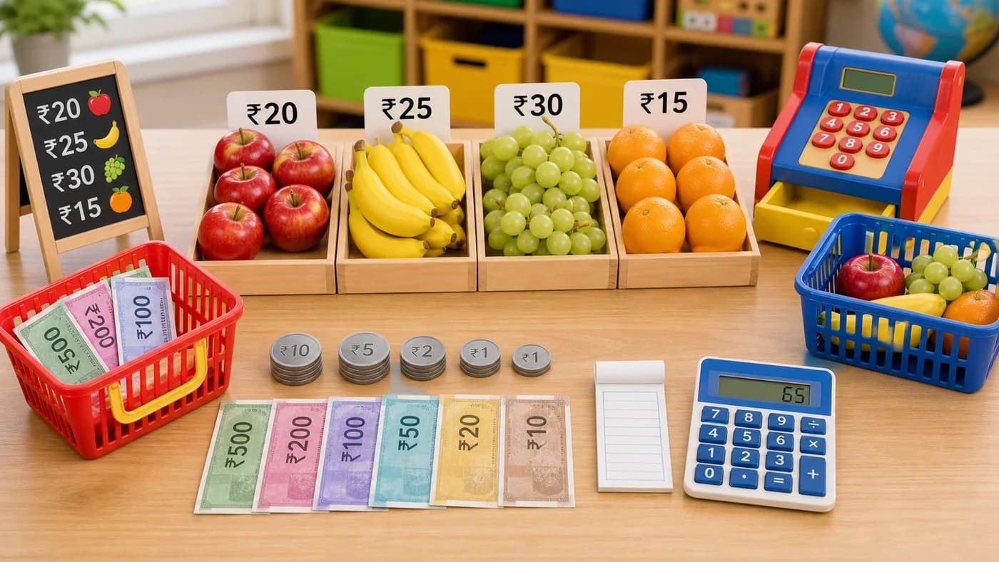 Pretend shop table with play money, price tags, baskets, and toy items for profit, loss, and money practice.