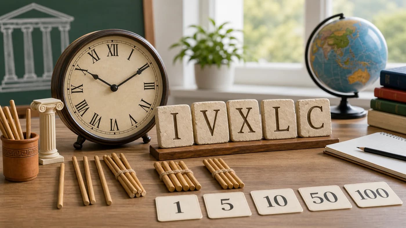 Classroom Roman numerals setup with a clock face, numeral tiles, and counting sticks.