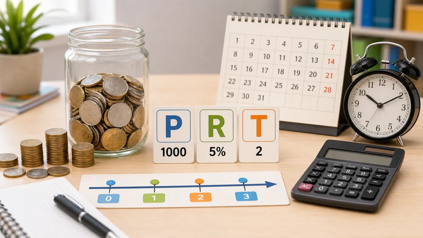 Savings jar, coins, calendar, clock, calculator, and simple finance symbols for interest and time.