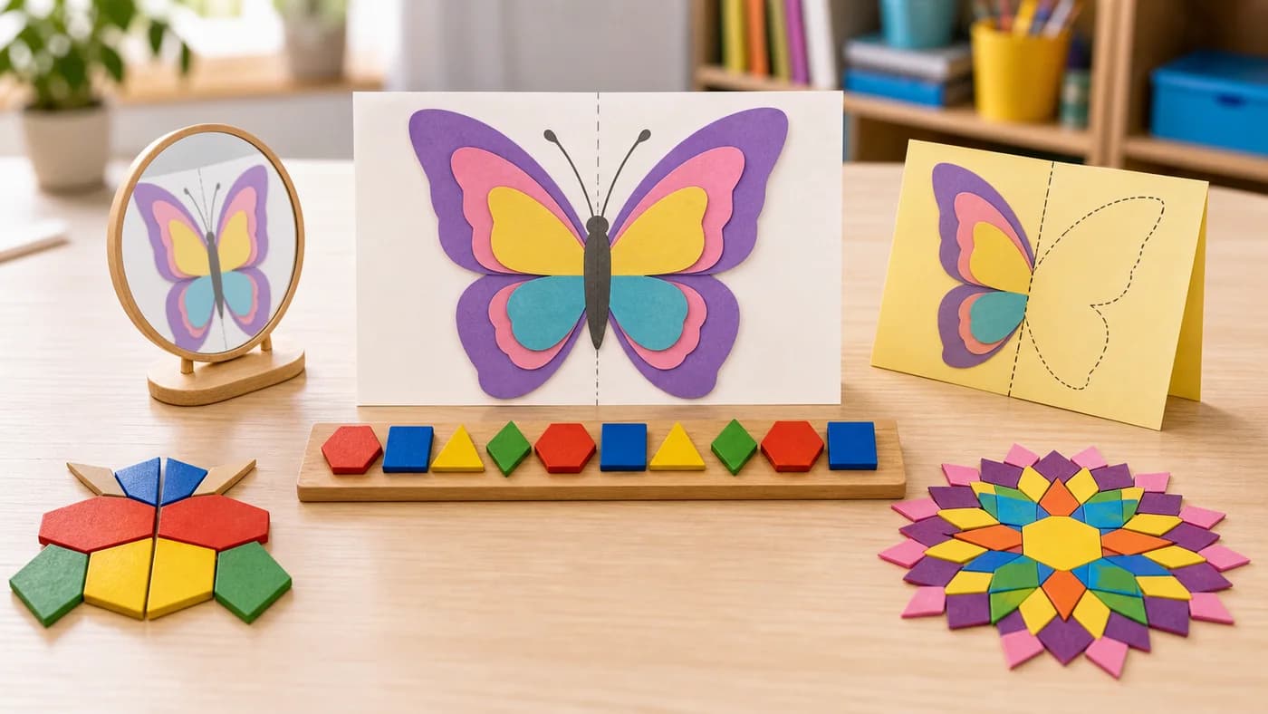 Math art table with a symmetrical butterfly cutout, folded paper, mirror, and repeating pattern blocks.