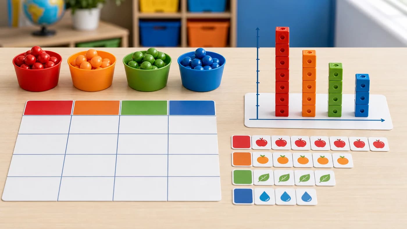 Classroom data display with sorted objects, table cards, pictograph icon tiles, and a bar graph made from blocks.