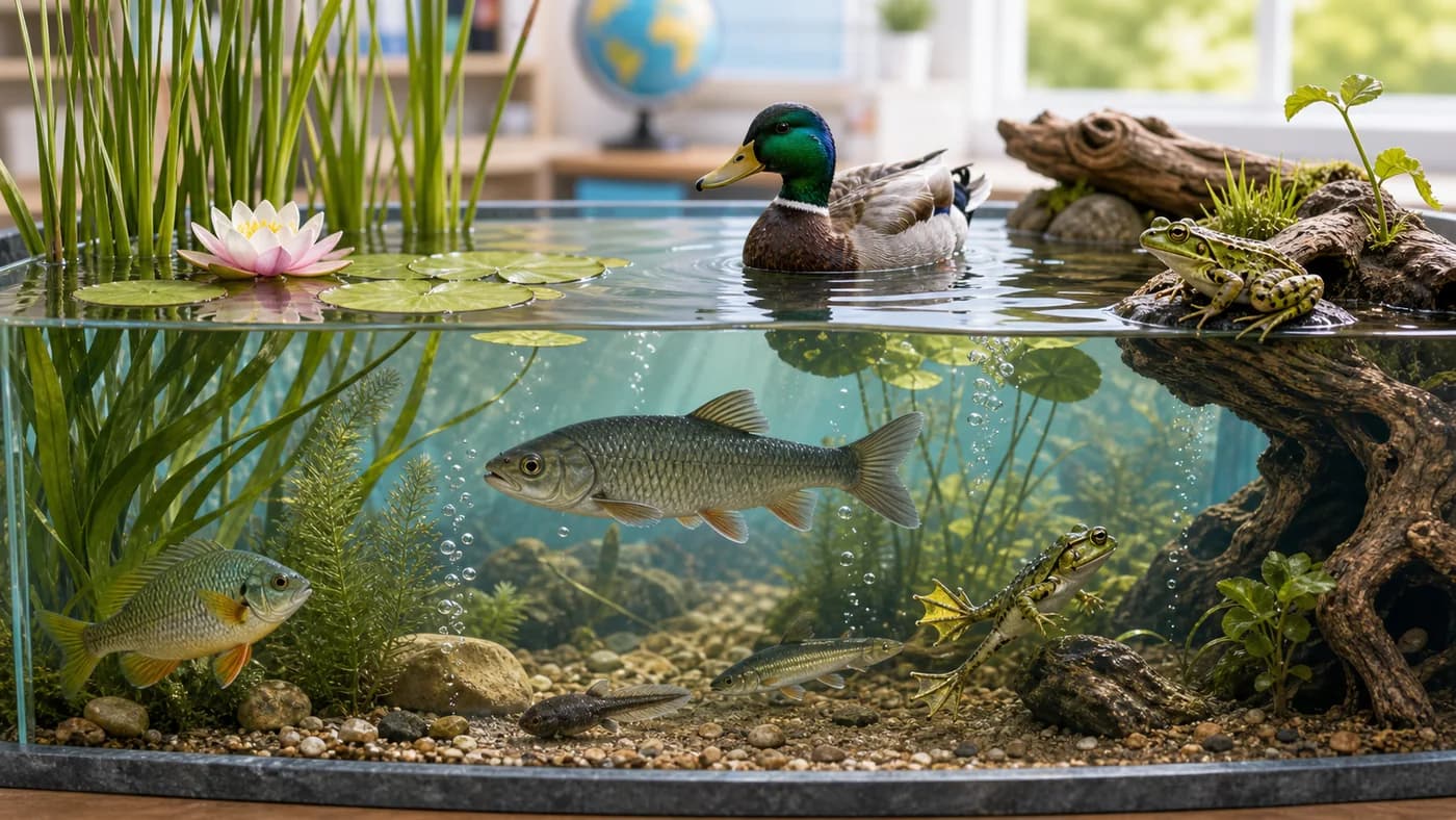 Aquatic habitat model with fish, frog, duck, water plants, webbed feet, streamlined body, and floating leaves.
