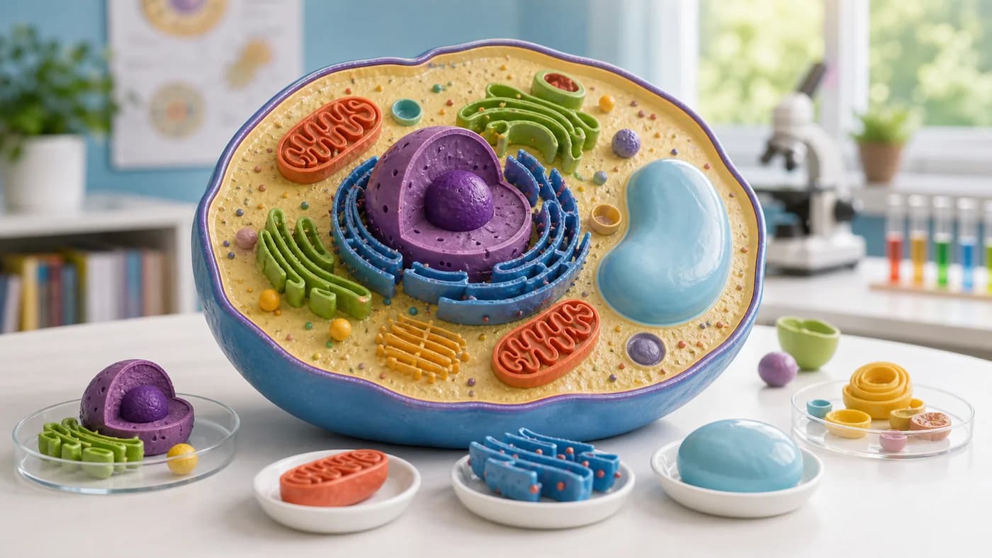 Large classroom cell model showing visible organelles such as nucleus, mitochondria, vacuole, membrane, and cytoplasm.