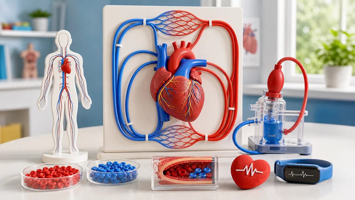 Classroom heart and circulation model with red and blue pathways and blood-cell counters.