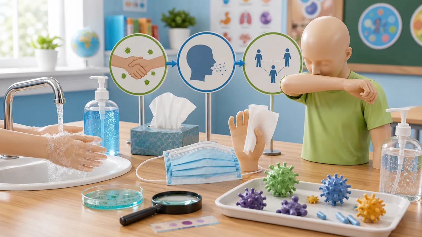 Classroom hygiene setup showing handwashing, tissue box, mask, distance markers, and microscope slide for germ-spread prevention.