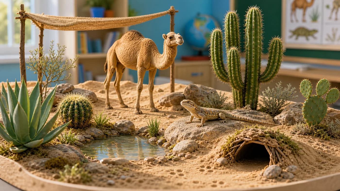 Desert habitat model with camel, cactus, lizard, sandy terrain, burrow, and water-saving adaptation cues.
