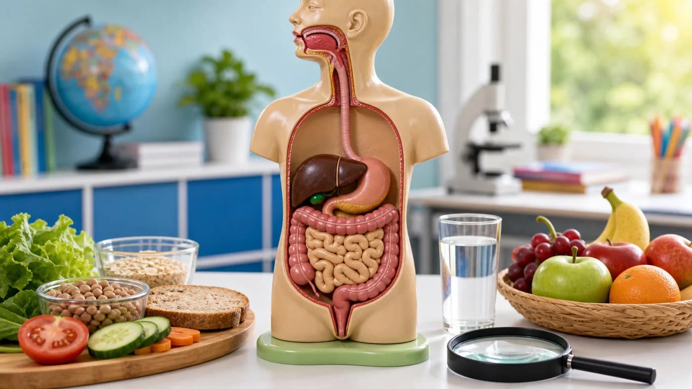 Child-friendly classroom digestive system model showing the path from mouth to intestines with healthy food nearby.