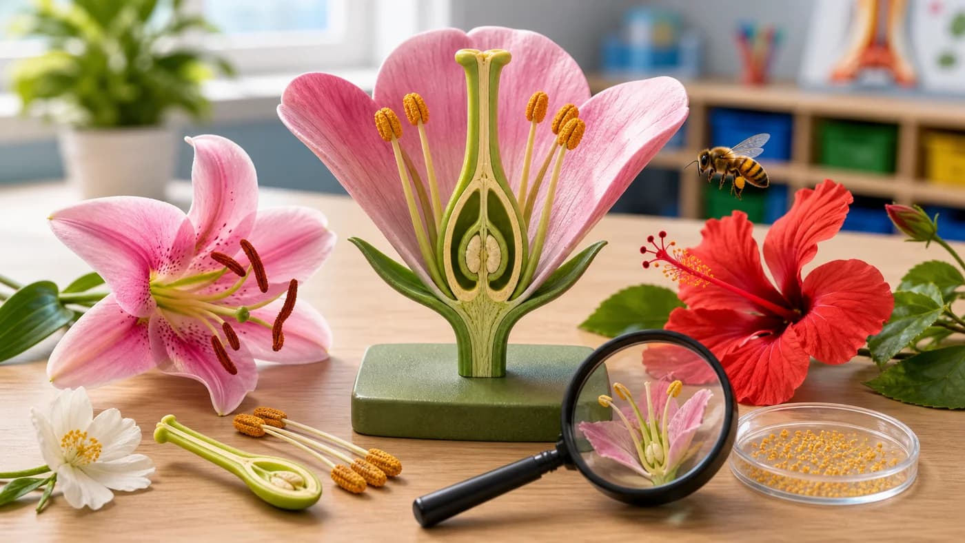 Flower model and real flowers showing pollination cues with pollen, magnifying glass, and a bee near a flower.