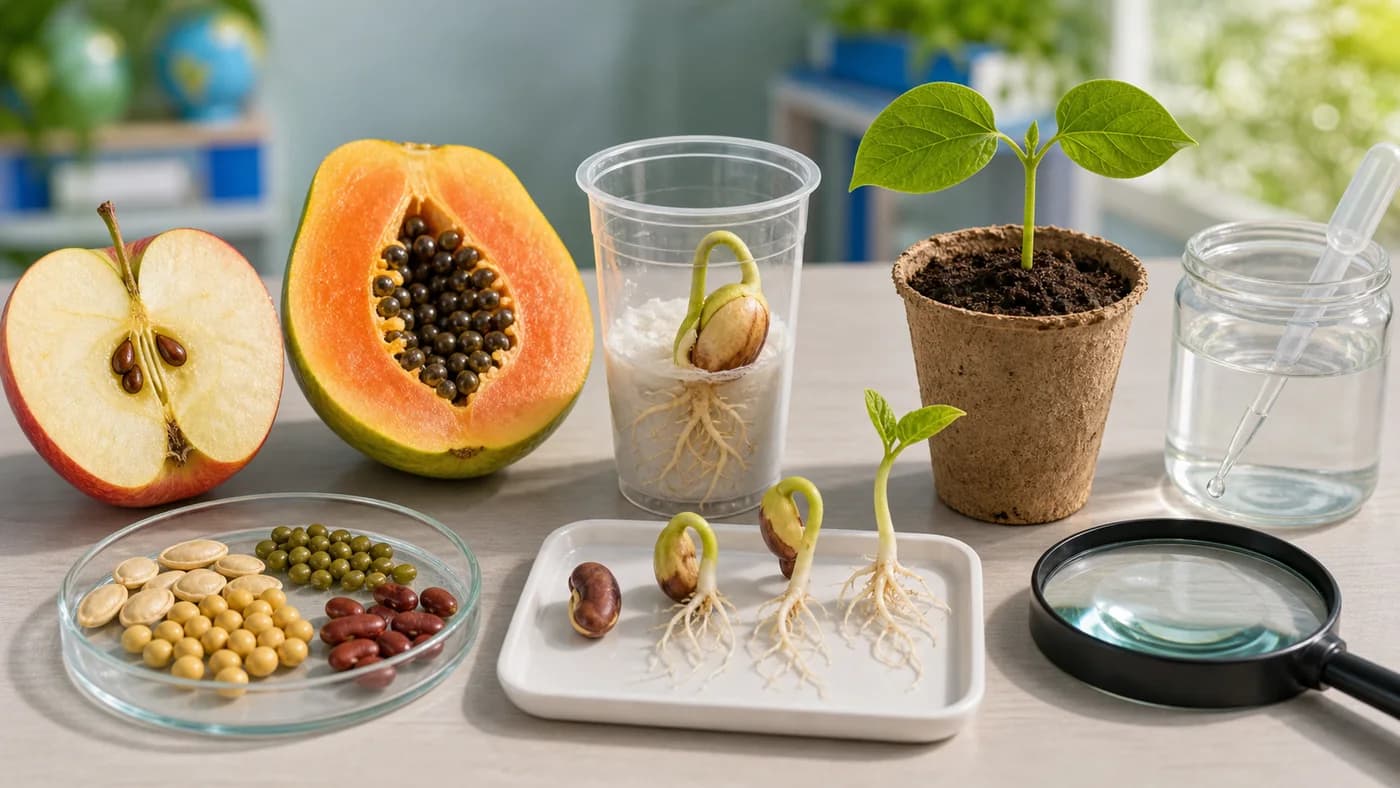 Biology table showing sliced fruit, seeds, a germinating bean, seedling, soil, water dropper, and magnifying glass.