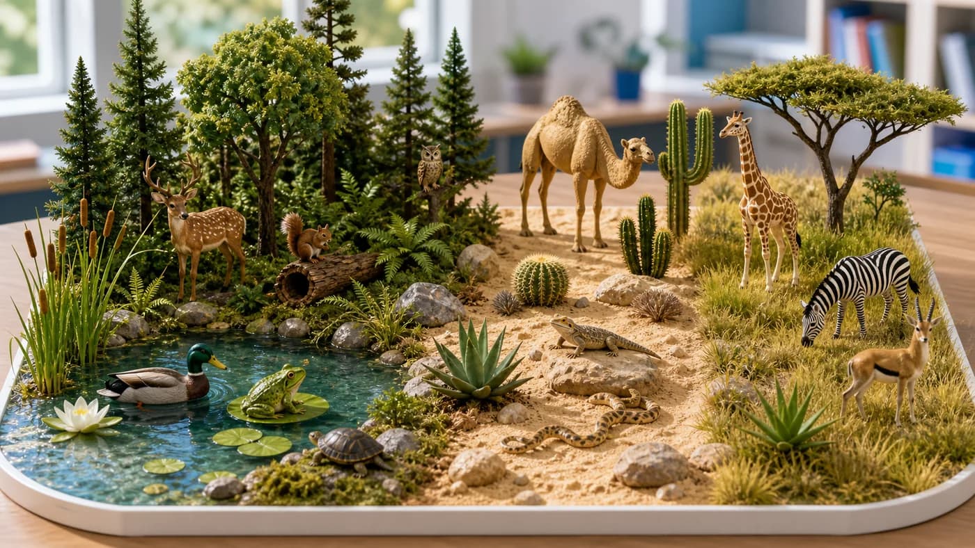 Classroom ecology diorama comparing pond, forest, desert, and grassland habitats with visible adaptation features.